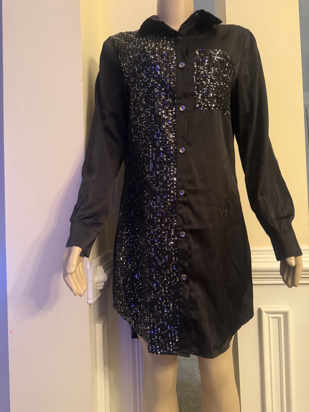 Black Sequin Button-Down Tunic Dress